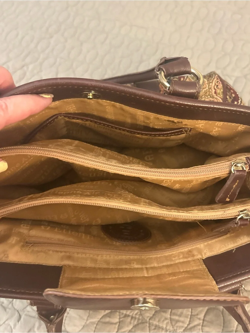 Etienne Aigner Tapestry Paisley Shoulder Bag Brown Multi Pocket